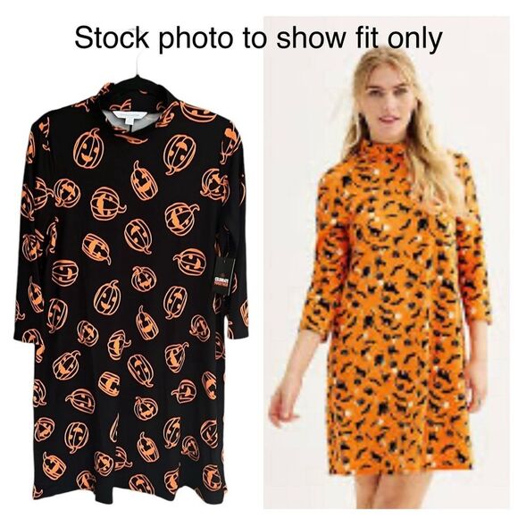 New Celebrate Together Print Brushed Halloween Mock Neck Swing Dress Sz Medium - Picture 1 of 16